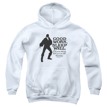White youth hoodie for ages 8 to 12 with The Princess Bride Good Work graphic