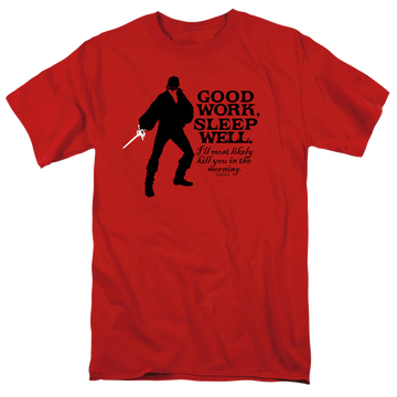 Red men's regular fit t-shirt with The Princess Bride Good Work graphic