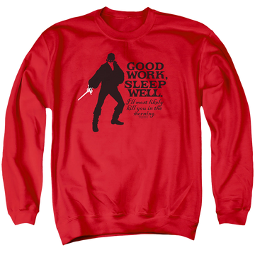 Red men's crewneck sweatshirt with The Princess Bride Good Work graphic