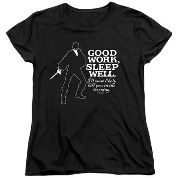 Black women's t-shirt with The Princess Bride Good Work graphic