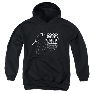Black youth hoodie for ages 8 to 12 with The Princess Bride Good Work graphic