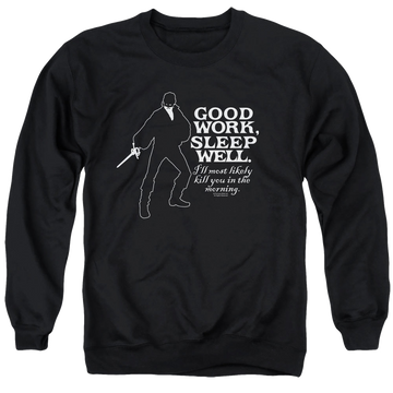 Black men's crewneck sweatshirt with The Princess Bride Good Work graphic