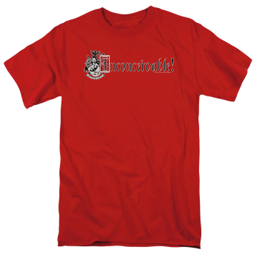 Red men's regular fit t-shirt with The Princess Bride Vizzini Crest graphic
