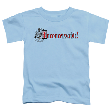 Light blue kid's t-shirt for ages 4 to 7 with The Princess Bride Vizzini Crest graphic
