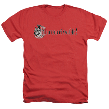 Red men's heather t-shirt with The Princess Bride Vizzini Crest graphic