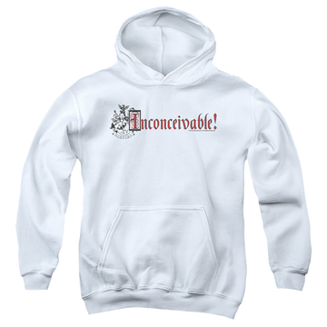 White youth hoodie for ages 8 to 12 with The Princess Bride Vizzini Crest graphic