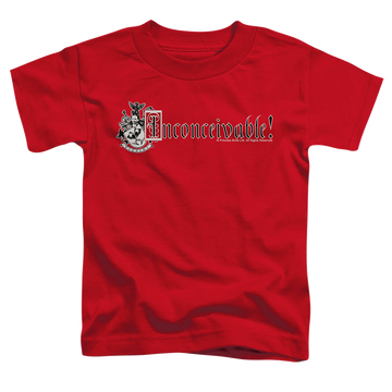 Red kid's t-shirt for ages 4 to 7 with The Princess Bride Vizzini Crest graphic
