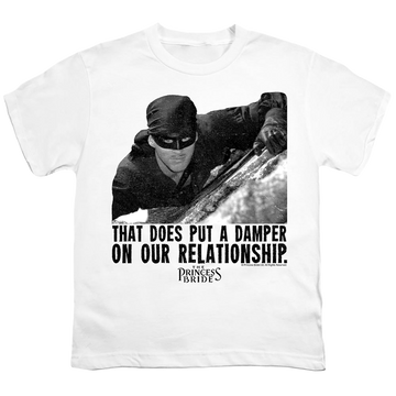 White youth t-shirt for ages 8 to 12 with The Princess Bride Damper graphic