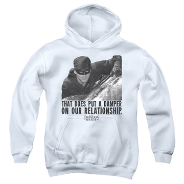 White youth hoodie for ages 8 to 12 with The Princess Bride Damper graphic