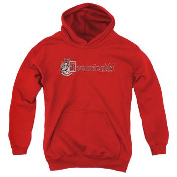 Red youth hoodie for ages 8 to 12 with The Princess Bride Vizzini Crest graphic