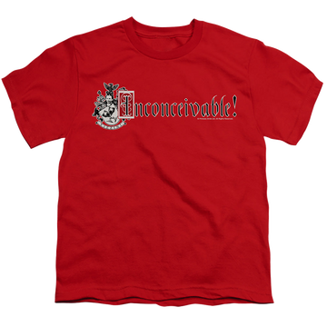 Red youth t-shirt for ages 8 to 12 with The Princess Bride Vizzini Crest graphic