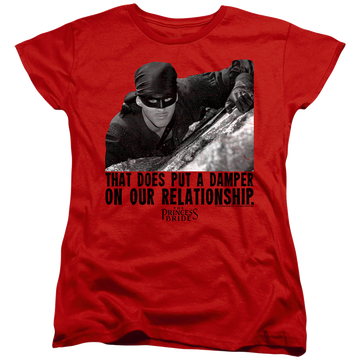 Red women's t-shirt with The Princess Bride Damper graphic