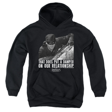 Black youth hoodie for ages 8 to 12 with The Princess Bride Damper graphic