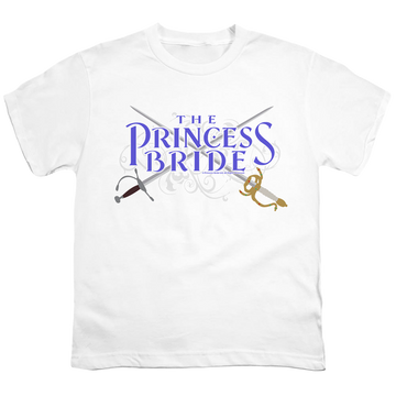 White youth t-shirt for ages 8 to 12 with The Princess Bride Swords graphic