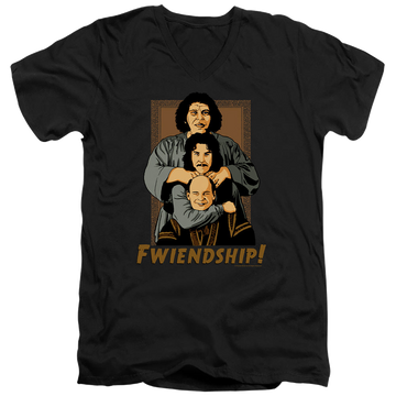 Black men's v-neck t-shirt with The Princess Bride Fwiendship graphic