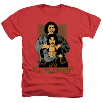 Red men's heather t-shirt with The Princess Bride Fwiendship graphic