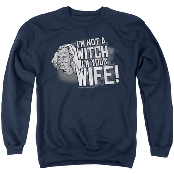 Navy men's crewneck sweatshirt with The Princess Bride Not A Witch graphic