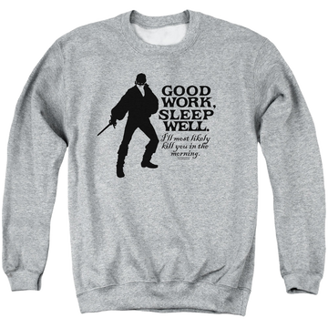 Athletic heather men's crewneck sweatshirt with The Princess Bride Good Work graphic