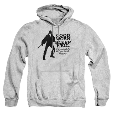 Athletic heather pullover hoodie with The Princess Bride Good Work graphic