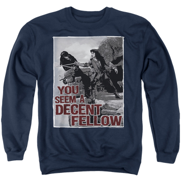 Navy men's crewneck sweatshirt with The Princess Bride Fellow graphic