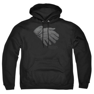 Black pullover hoodie with The Princess Bride Six Fingered Glove graphic