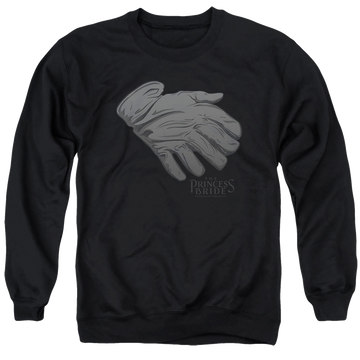 Black men's crewneck sweatshirt with The Princess Bride Six Fingered Glove graphic