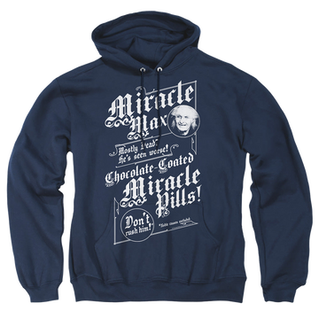 Navy pullover hoodie with The Princess Bride Miracle Max graphic
