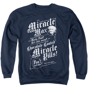 Navy men's crewneck sweatshirt with The Princess Bride Miracle Max graphic