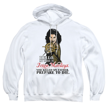 White pullover hoodie with The Princess Bride Hello graphic