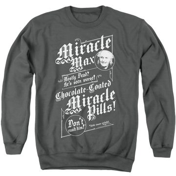 Charcoal men's crewneck sweatshirt with The Princess Bride Miracle Max graphic