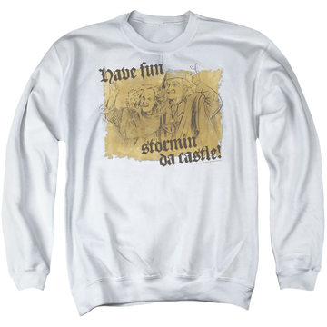 White men's crewneck sweatshirt with The Princess Bride Stormin The Castle graphic