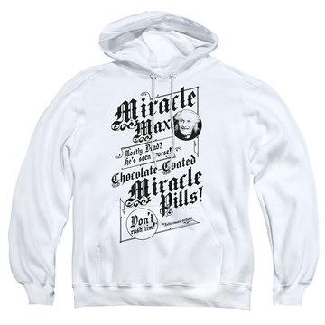 White pullover hoodie with The Princess Bride Miracle Max graphic