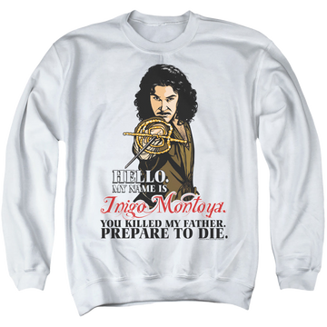 White men's crewneck sweatshirt with The Princess Bride Hello graphic