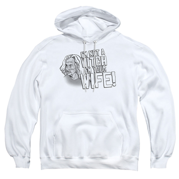 White pullover hoodie with The Princess Bride Not A Witch graphic