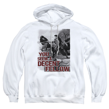 White pullover hoodie with The Princess Bride Fellow graphic