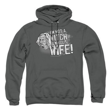 Charcoal pullover hoodie with The Princess Bride Not A Witch graphic