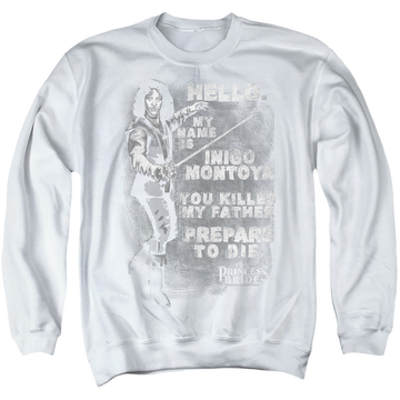 White men's crewneck sweatshirt with The Princess Bride Hello Again graphic