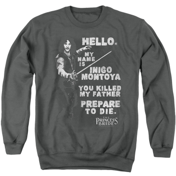 Charcoal men's crewneck sweatshirt with The Princess Bride Hello Again graphic