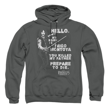 Charcoal pullover hoodie with The Princess Bride Hello Again graphic