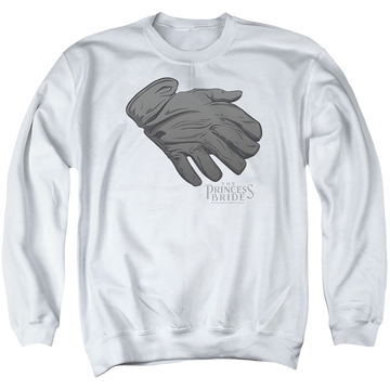 White men's crewneck sweatshirt with The Princess Bride Six Fingered Glove graphic