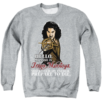Athletic heather men's crewneck sweatshirt with The Princess Bride Hello graphic
