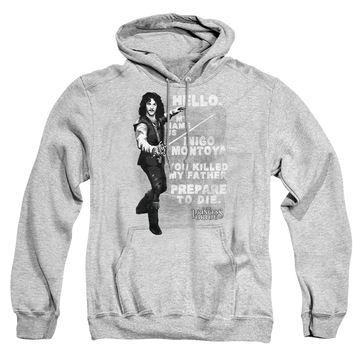 Athletic heather pullover hoodie with The Princess Bride Hello Again graphic
