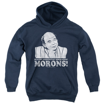 Navy youth hoodie for ages 8 to 12 with The Princess Bride Morons graphic