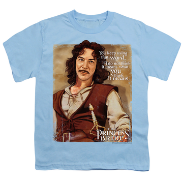 Light blue youth t-shirt for ages 8 to 12 with The Princess Bride Word graphic