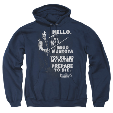 Navy pullover hoodie with The Princess Bride Hello Again graphic