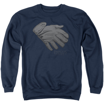 Navy men's crewneck sweatshirt with The Princess Bride Six Fingered Glove graphic