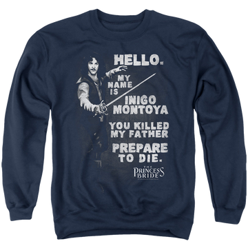 Navy men's crewneck sweatshirt with The Princess Bride Hello Again graphic