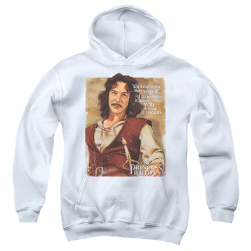 White youth hoodie for ages 8 to 12 with The Princess Bride Word graphic