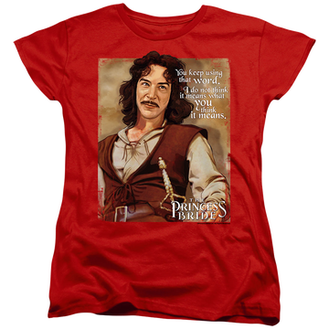Red women's t-shirt with The Princess Bride Word graphic