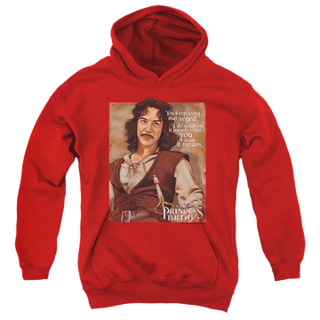 Red youth hoodie for ages 8 to 12 with The Princess Bride Word graphic